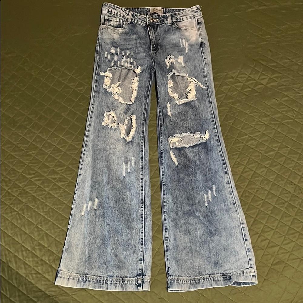 Stylish Light Blue Distressed Flare Jeans